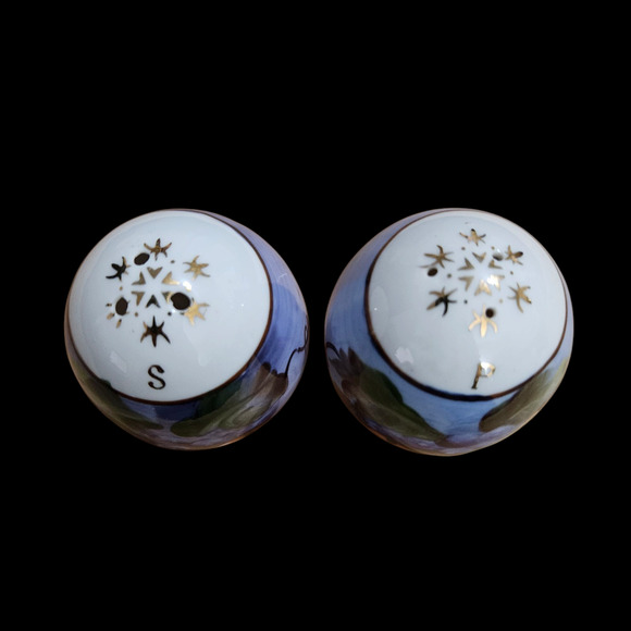 Antique Hand Painted Porcelain Salt & Pepper Shakers Egg Shape Fruit Motif Gold - Picture 2 of 3